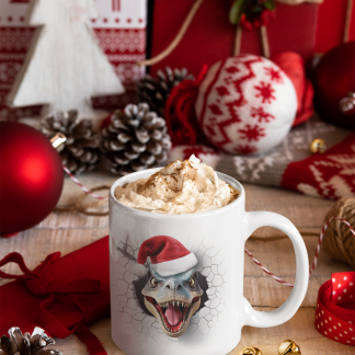 Christmas Dinosaur Santa Hat Mug - 11oz Christmas Mug | XmasMugs.com